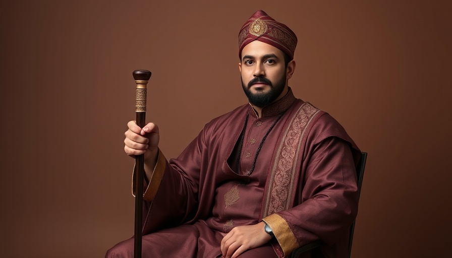 Elegant man seated, vibrant traditional attire, Ornate cane, cross-border payments solution.