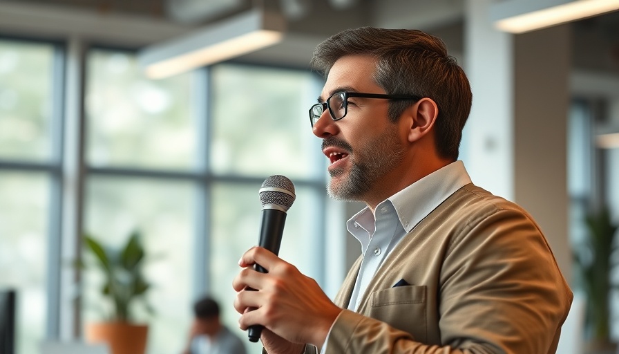 Engaged speaker discussing AI challenges in 2025 in an office setting.