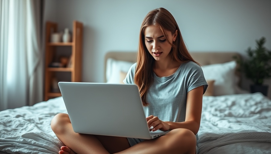 Young woman looking stressed at laptop in sunny room.