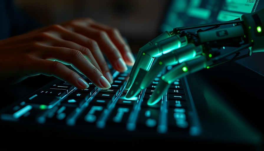 Human and robotic hands on keyboard highlight AI startup dynamics.