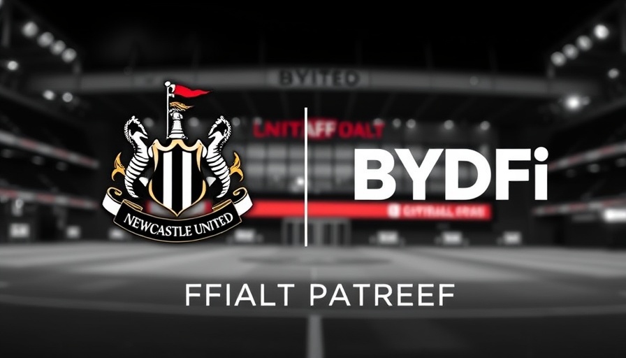 Newcastle United cryptocurrency partnership announcement with BYDFi logos.