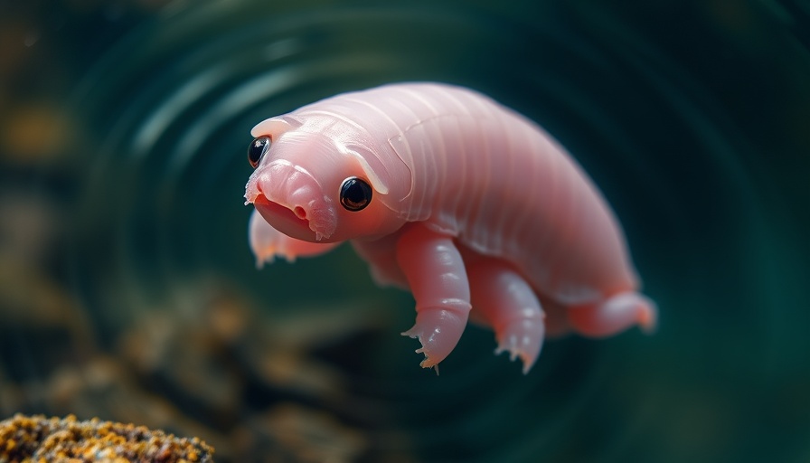 Pink tardigrade demonstrating survival capabilities underwater.