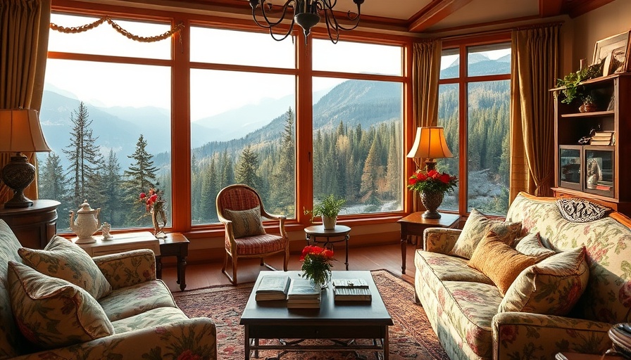 Elegant living room with vintage decor and mountain view for real estate investment.