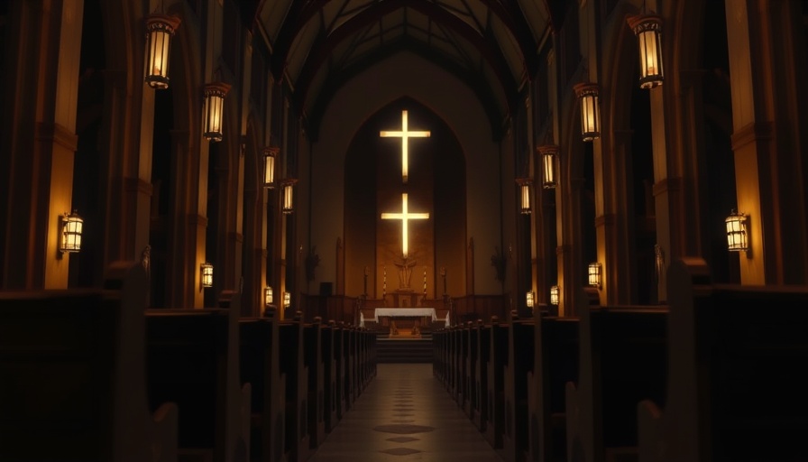 Interior of a church with an illuminated cross and soft lighting, highlighting AI in Churches.