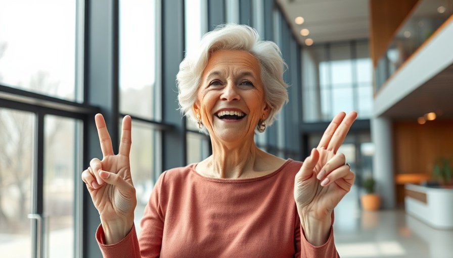 Trust in strangers for stronger connections - older woman making peace sign indoors.