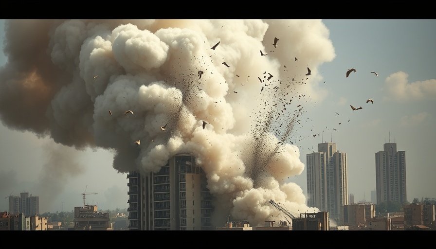 Gaza City high-rise destruction during intense conflict with debris and smoke.