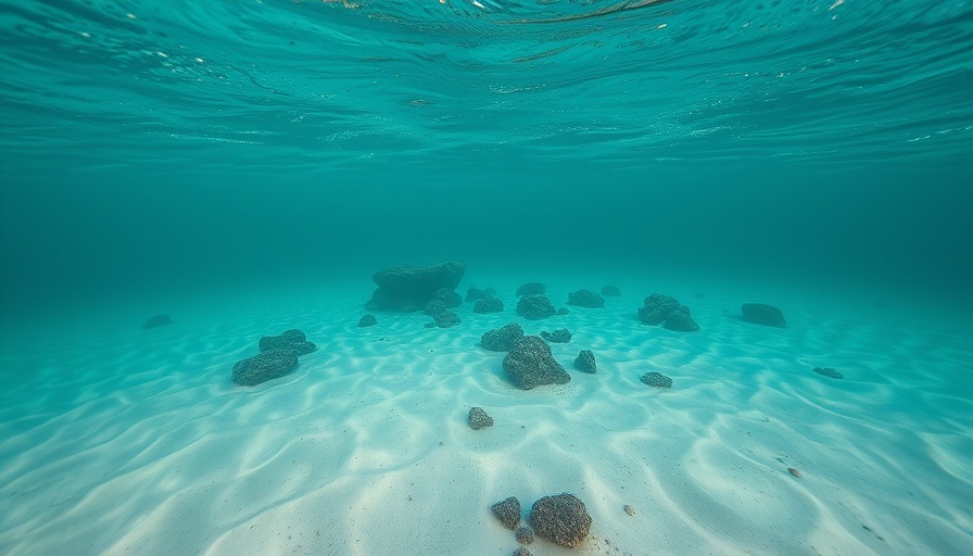 Underwater view of sandy floor and rocks, wondering how many fish.