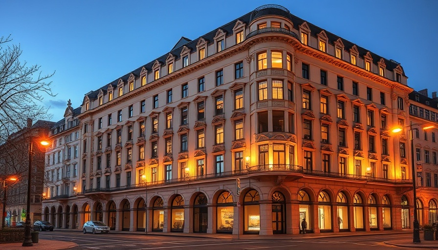 Real estate investment in cultural landmark building with lit windows.