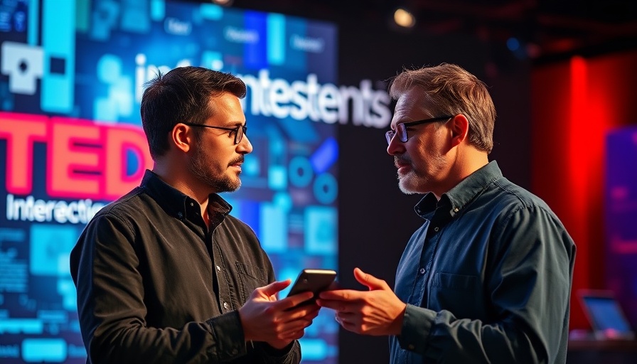 Two men discussing technology at TED Intersections backdrop.