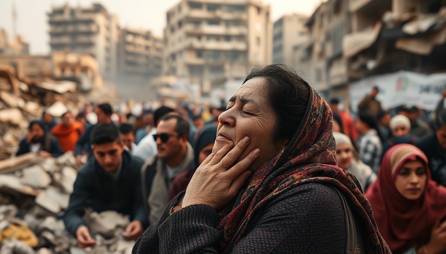 Woman grieving in Gaza reflecting destruction and crisis.
