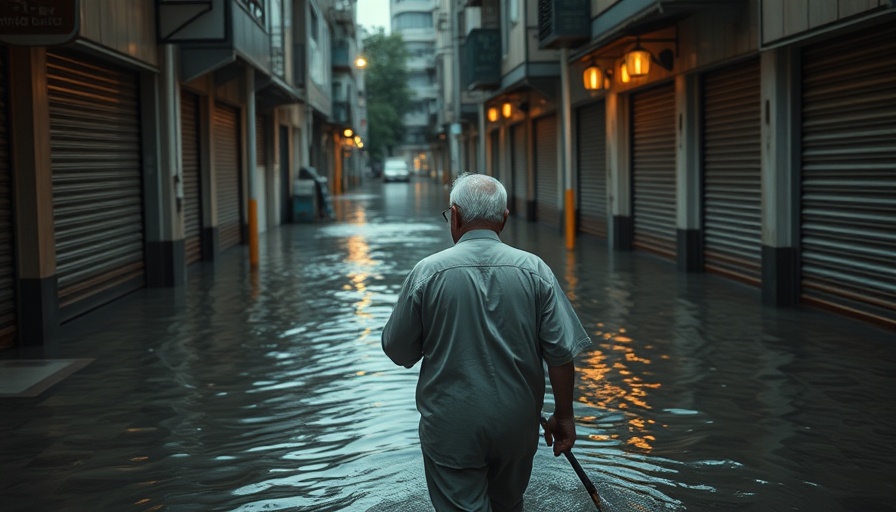 Elderly man walks through flooded street highlighting Punjab flooding agricultural losses.