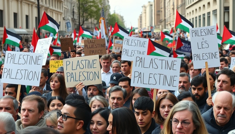Crowd holding signs at rally supporting Palestine, global recognition.