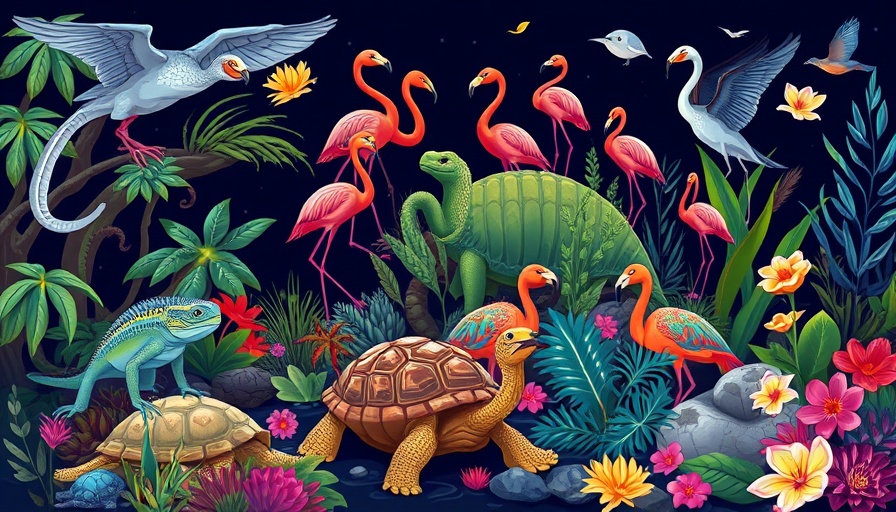 Illustration of Galapagos Islands biogeography with wildlife.