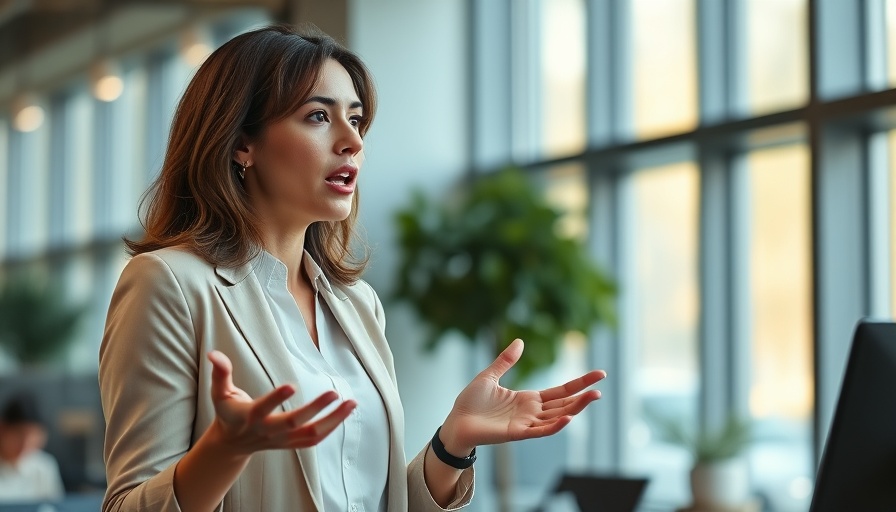 Engaged woman speaking passionately, modern office setting.