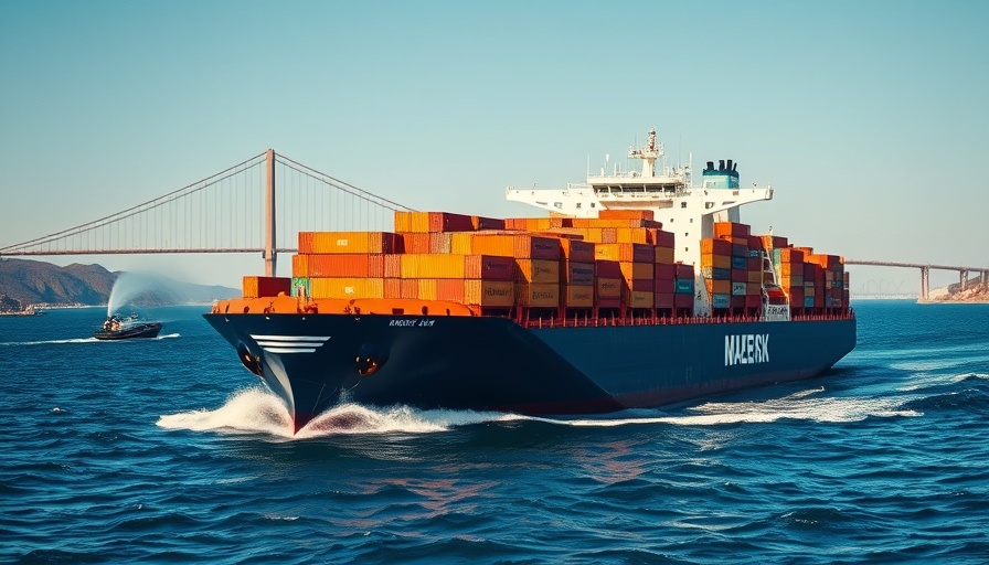 Maersk container ship under suspension bridge, showcasing global trade impact.