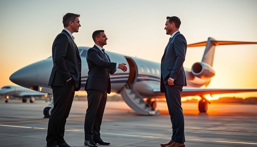 Business professionals discussing airport partnerships for operational success at sunset.