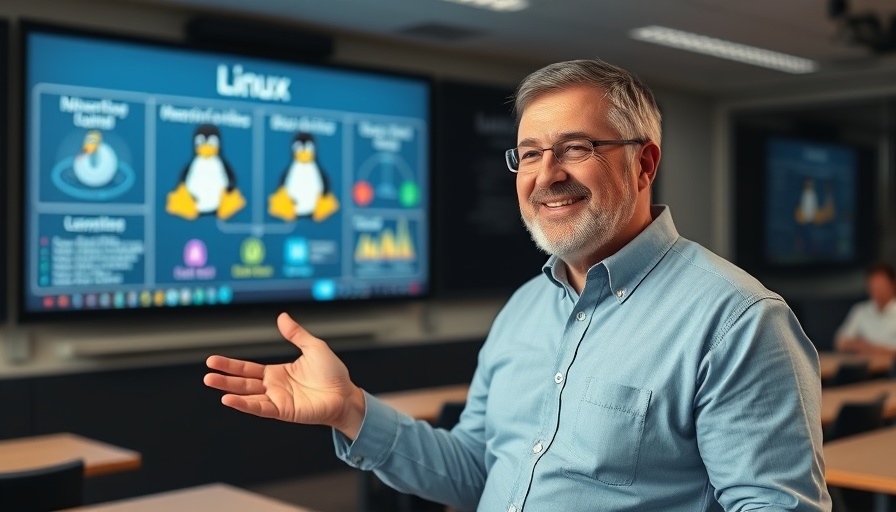 Explaining Linux concepts: man in front of digital board in classroom.