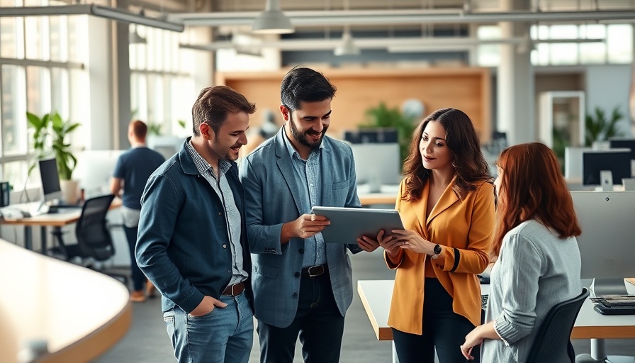 Professionals discussing in an open-space office, task masking phenomenon.