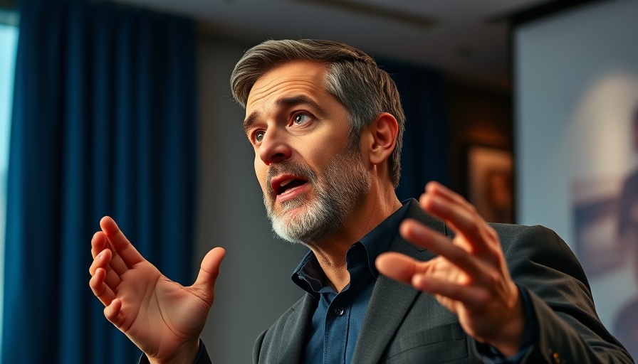 A confident speaker passionately delivering a speech, emphasizing trust in AI.
