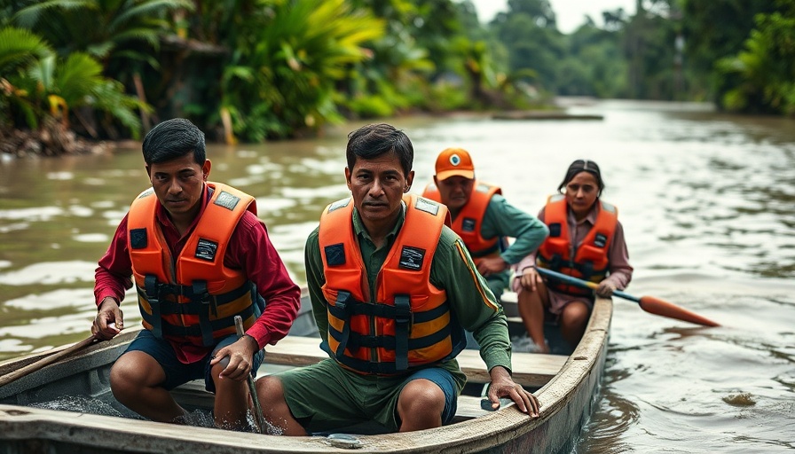 Urgent Aid for Flooding Victims: Relief workers in a boat delivering aid.