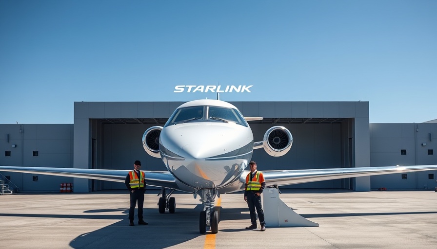 Sleek private jet with engineers, Starlink installation, clear sky.