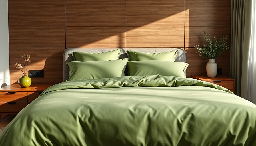Modern bedding design in a stylish bedroom with green accents.