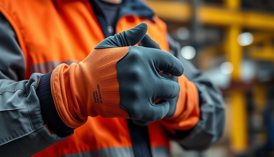 Person in safety gear adjusting gloves in workplace.