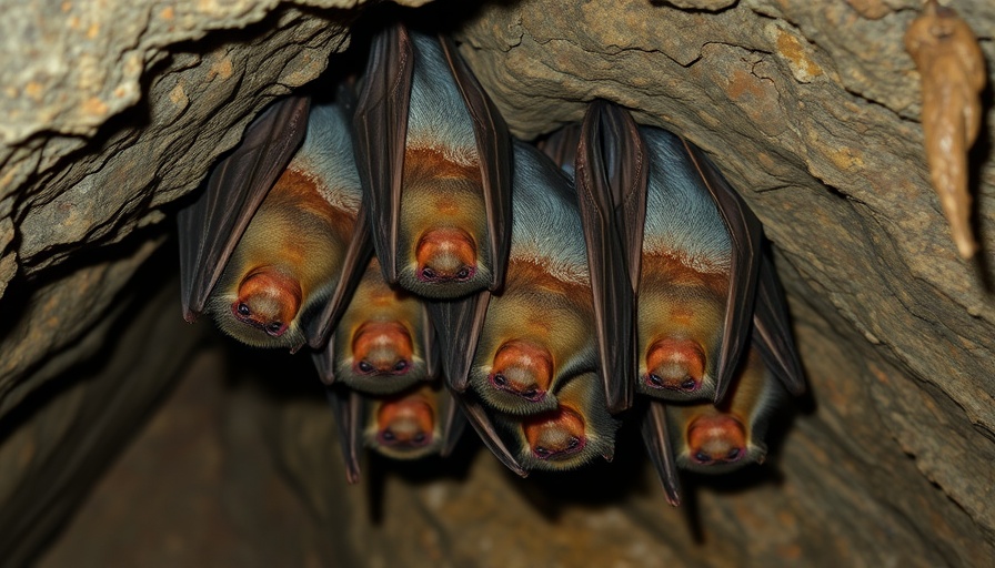 Cave-dwelling carnivorous bats cuddling, dimly lit.
