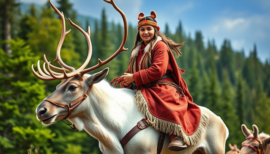 Nomadic woman riding reindeer in Mongolia's forested landscape.