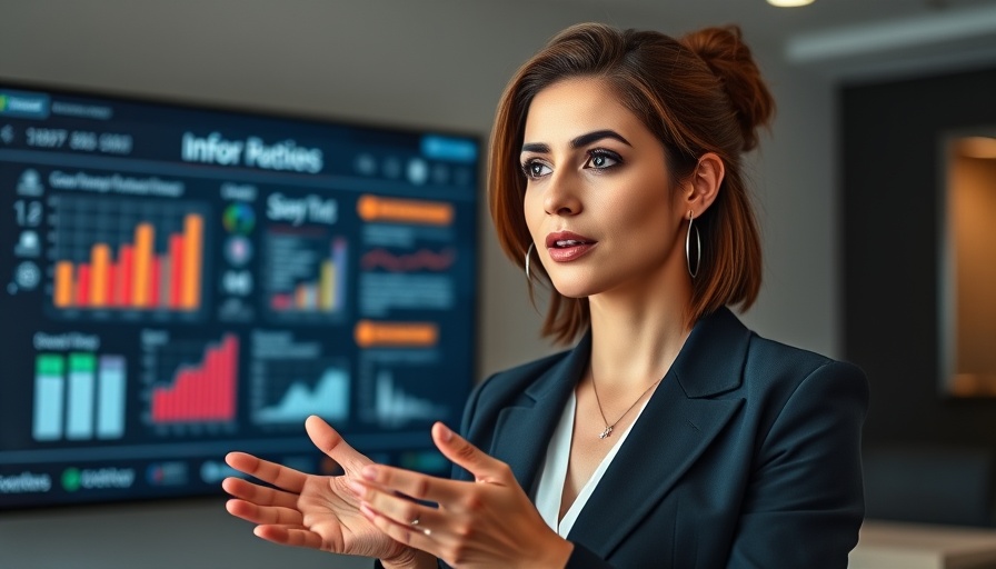 Confident woman presents energy-efficient strategies in a modern setting.
