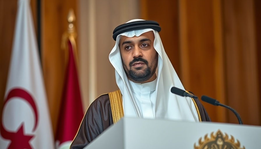 Middle Eastern official speaking, Qatari flag backdrop, state terrorism news.