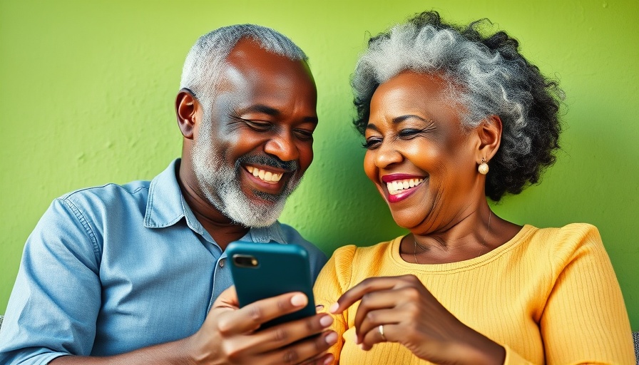 Older African couple enjoying tech together with smartphones.