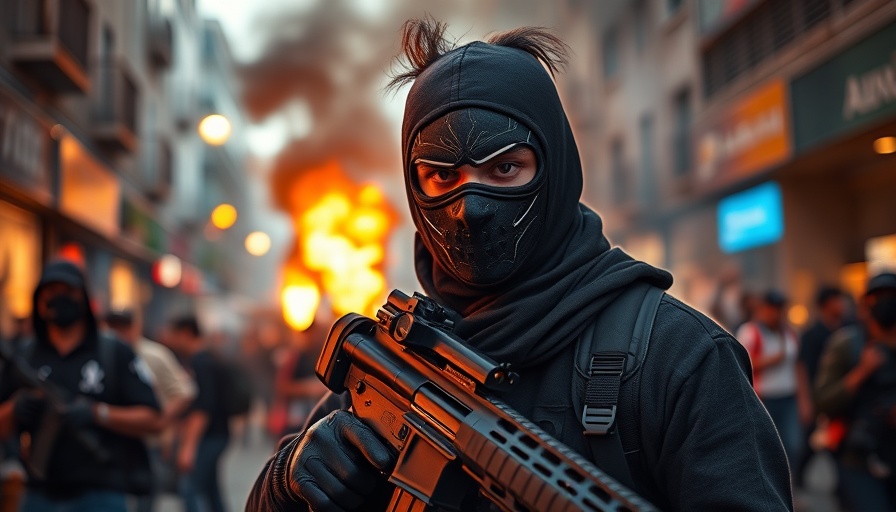 Nepal protests unrest with masked man holding a gun amidst flames.