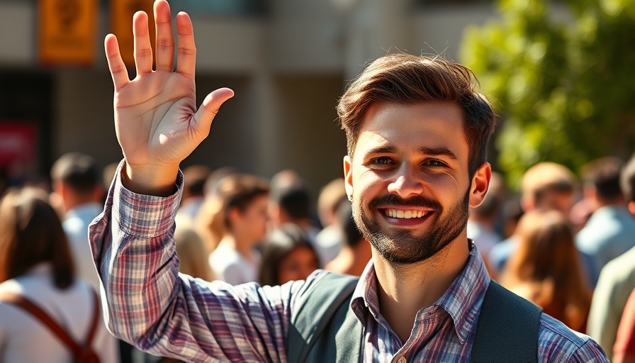 Confident man at an outdoor university event raising his hand.