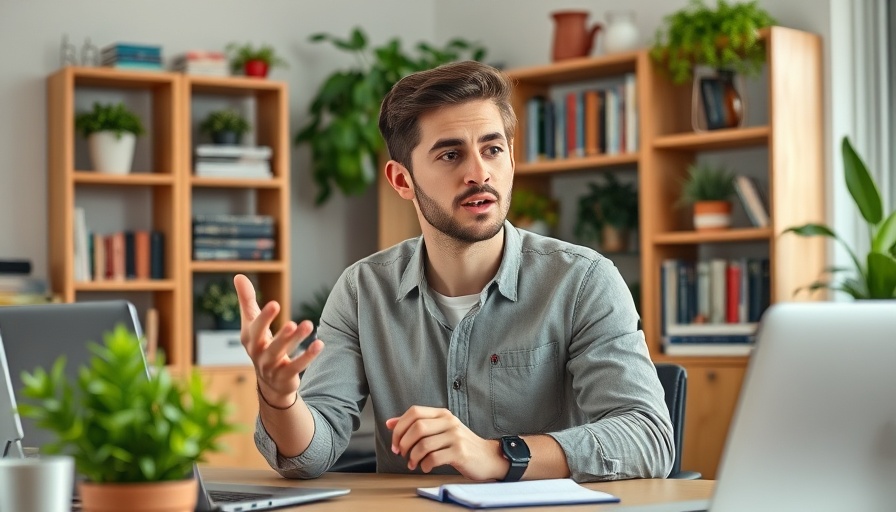 Casually dressed young man explaining at desk in home office, hate your job.