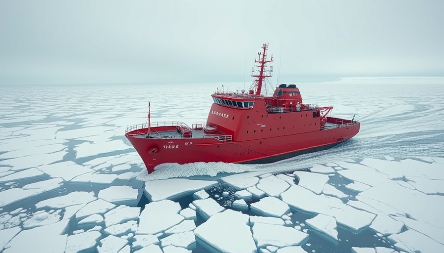 Red icebreaker ship navigating Arctic ice, China-Europe Arctic Express.