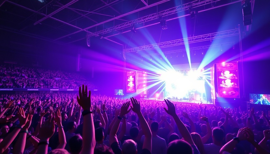 Concert crowd cheering under bright stage lights, vibrant atmosphere.