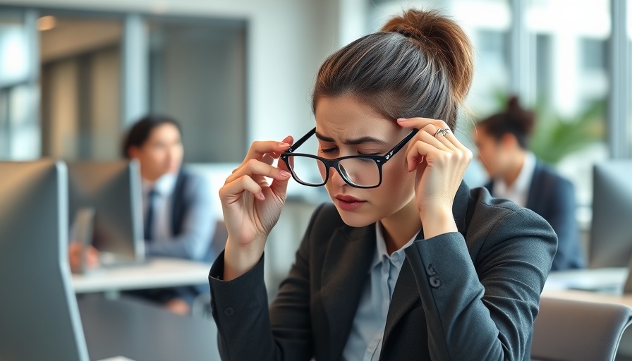 Stressed young woman in an office, modeling quiet cracking workplace engagement.