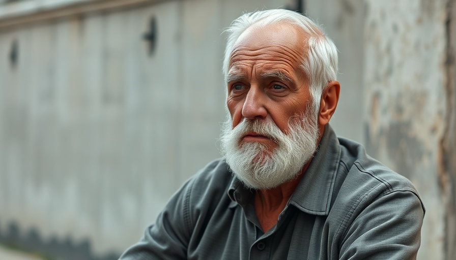 Elderly man seated, resisting expulsion, urban setting.