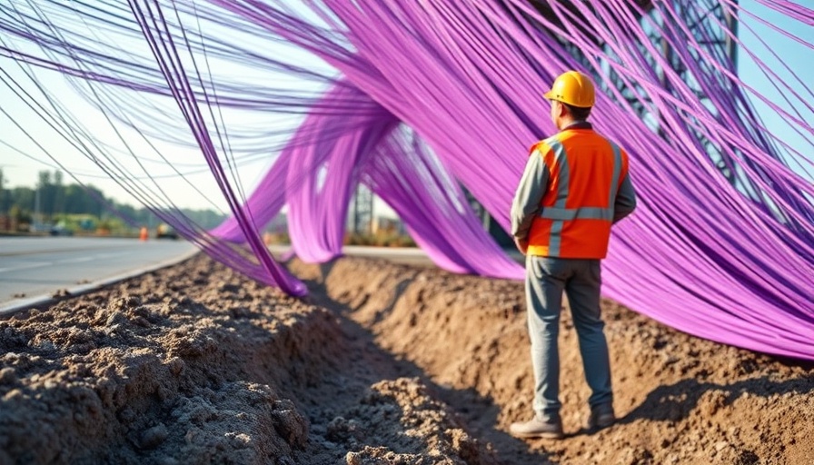 Fiber deployment with purple cables and worker, showcasing zero right-of-way pledge.