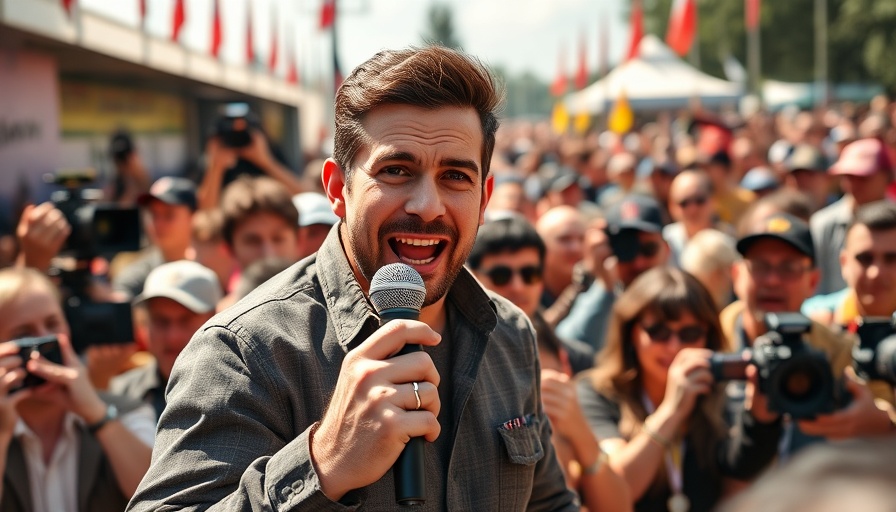 Energetic speaker at outdoor event addressing a crowd.