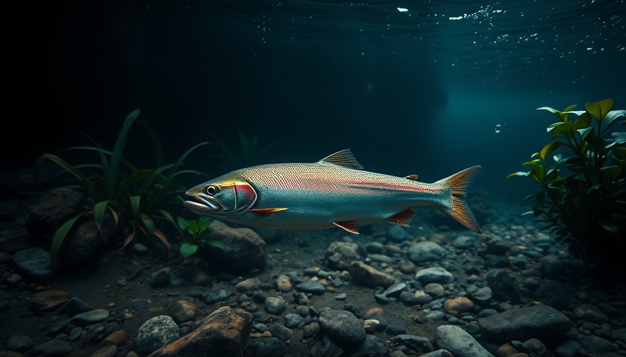 Underwater salmon in Norway's salmon crisis, amidst plants.