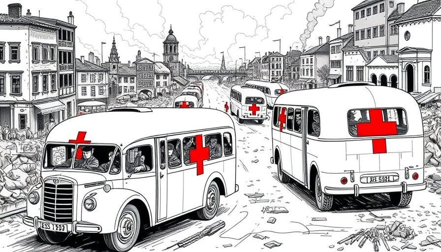 Historic white buses, rescue operation illustration, war-torn cityscape.