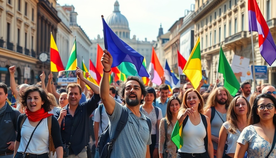Colorful protest during Spanish Vuelta, flags waving, urban backdrop.