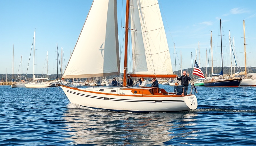 Global Sumud Flotilla sailboat in harbor, flags waving