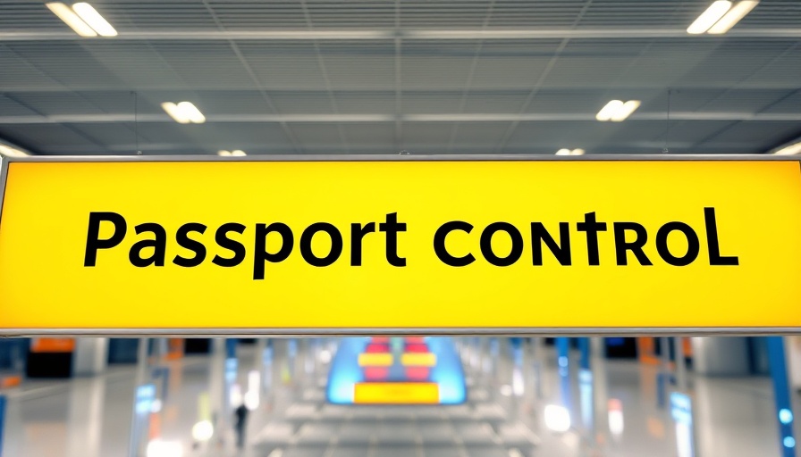 Bright yellow passport control sign at airport terminal.