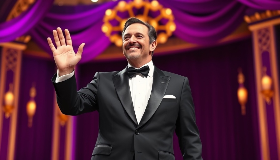 Emmys 2025 Colbert Win: Man in tuxedo on stage, smiling and waving.