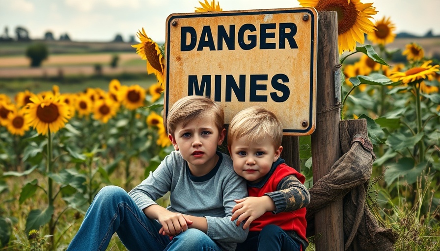 Concerned adult and child by danger mines sign in Ukraine.