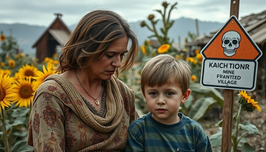 Everyday life in war-torn Ukraine: Woman and boy near mine sign.