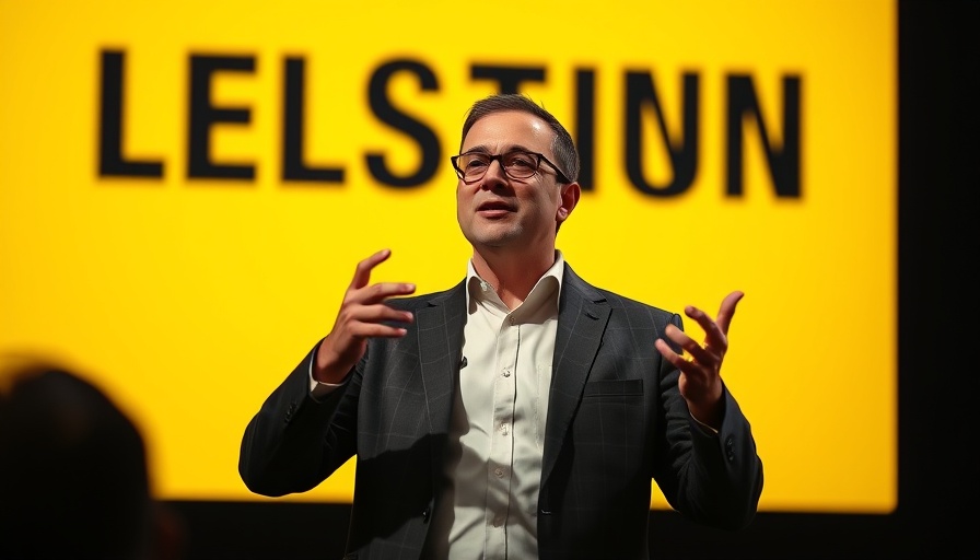 Displaced People Driving Local Economies: Confident speaker on stage gesturing persuasively.